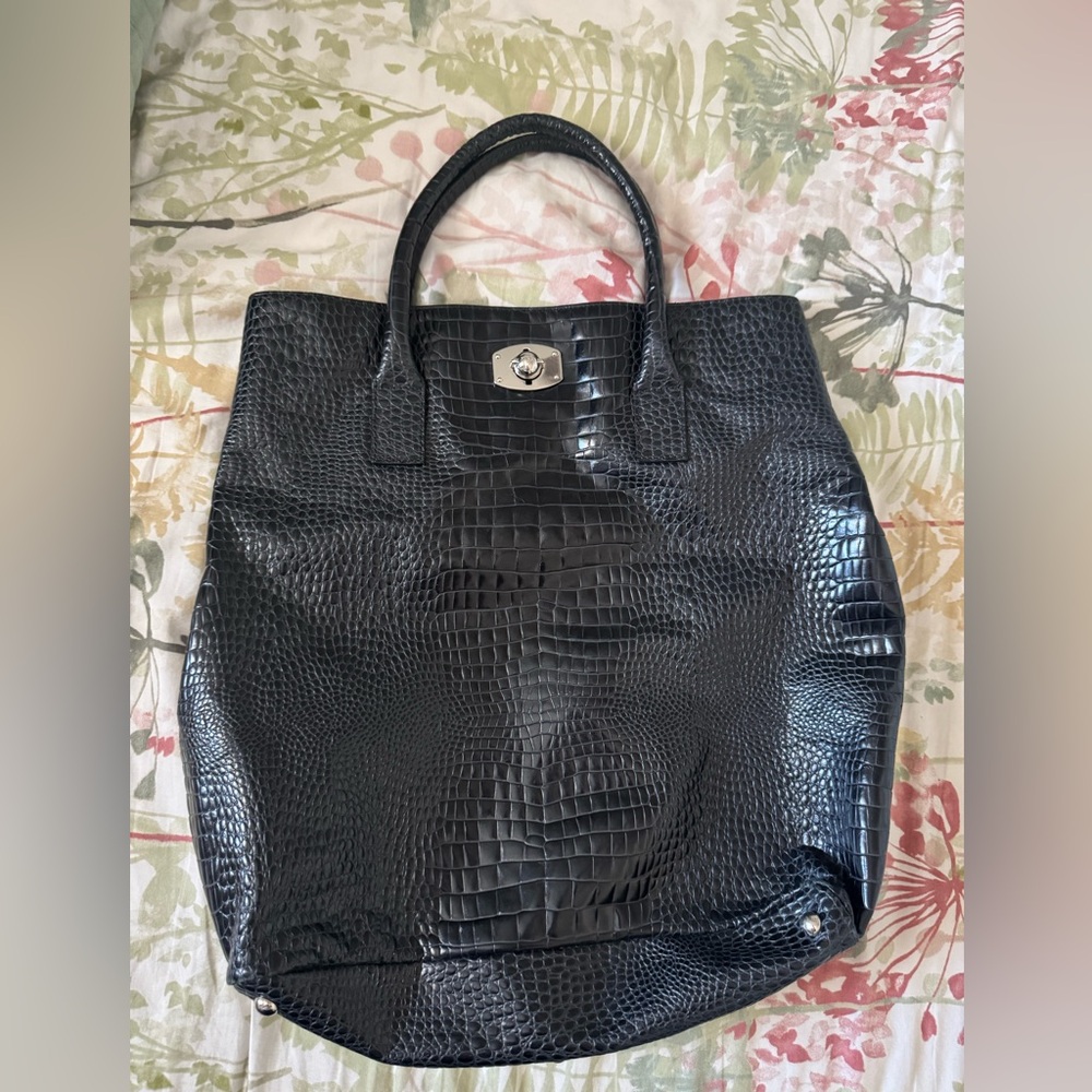Furla Black Crocodile-Embossed Leather Tote Bag